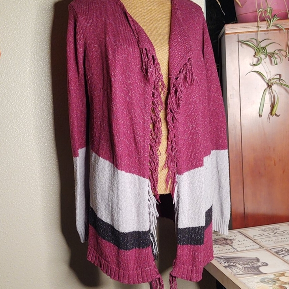 Bass Long Cardigan Striped Frayed Sweater - Picture 1 of 8